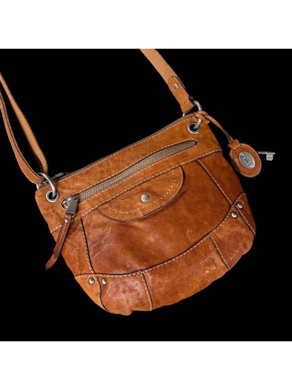 Fossil Brown Leather Crossbody Liberty Bag Key Charm Adjustable Strap Y2K Purse